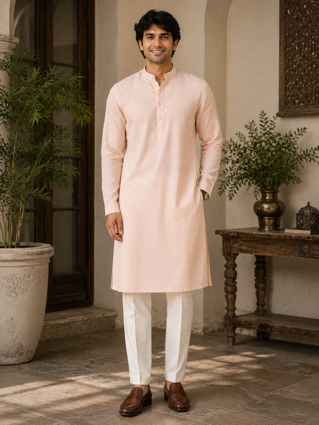 Peach Cotton Mandarin Collar Kurta