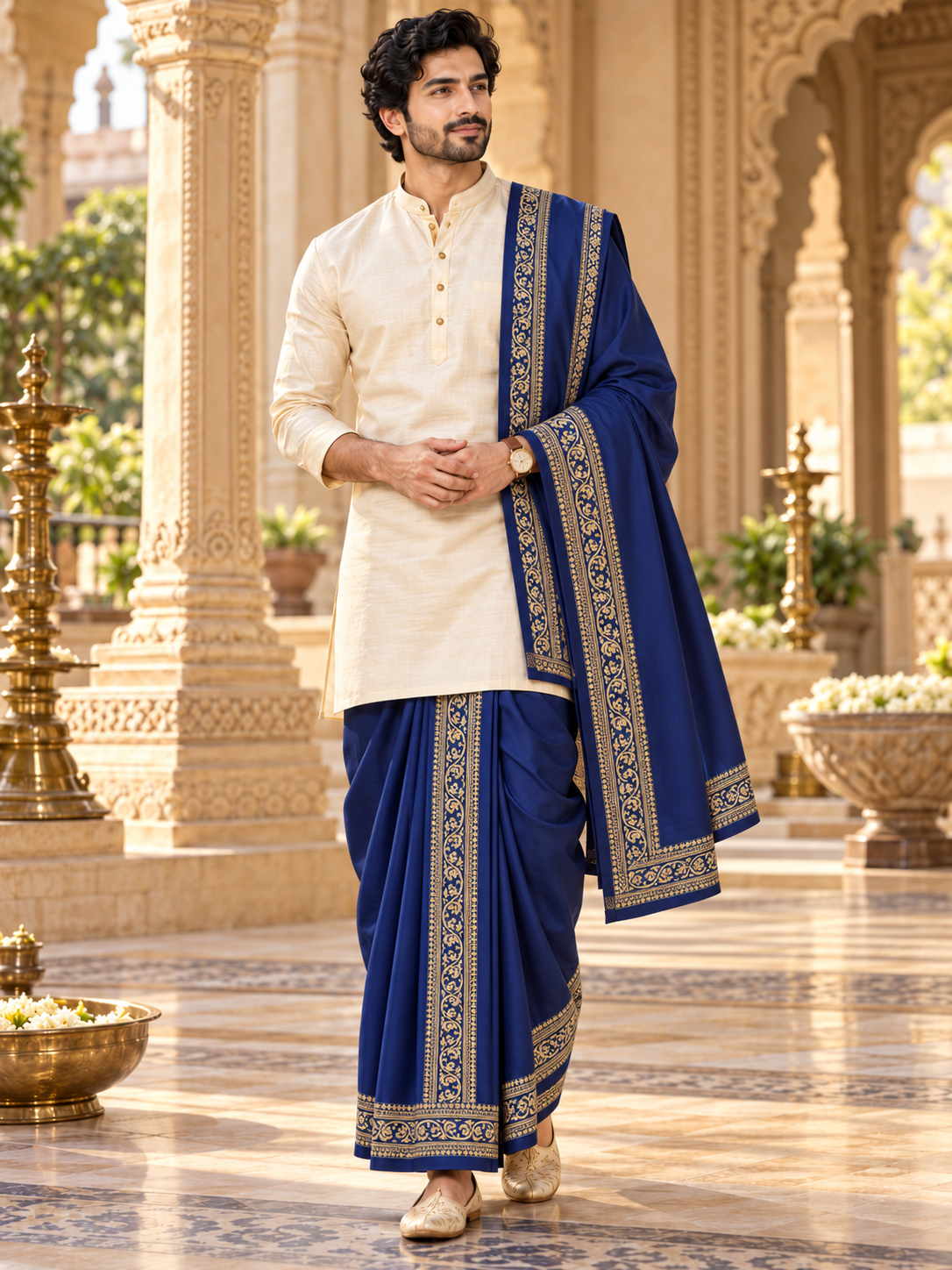 Royal Blue & Gold Men’s Stitched Dhoti
