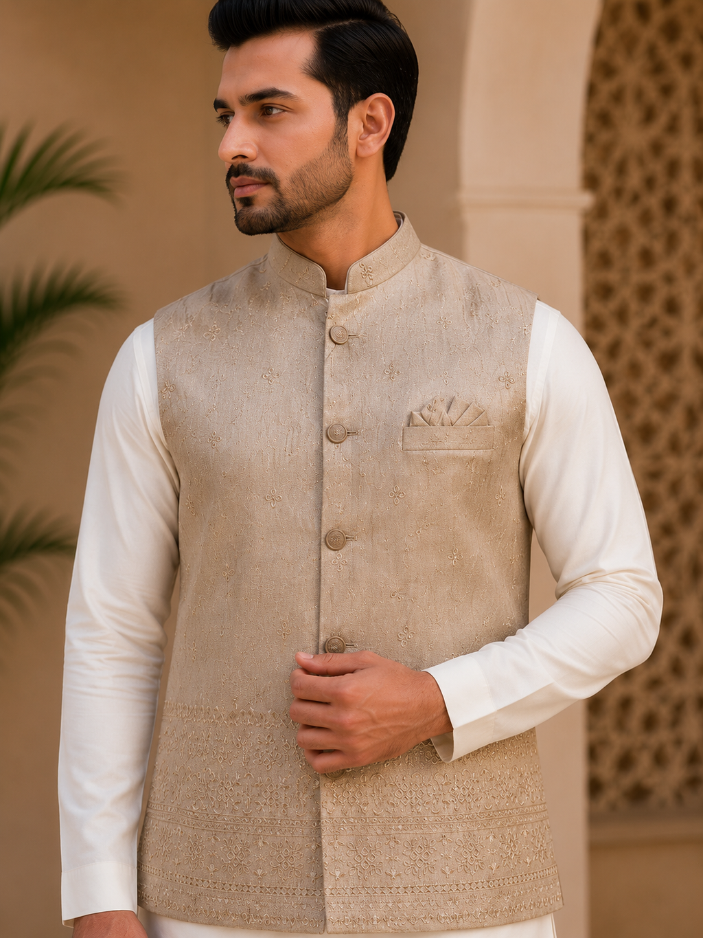 Champagne Heritage Embroidered Nehru Jacket