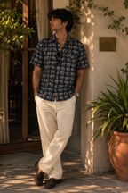 Navy Blue Elephant Print Cotton Casual Shirt