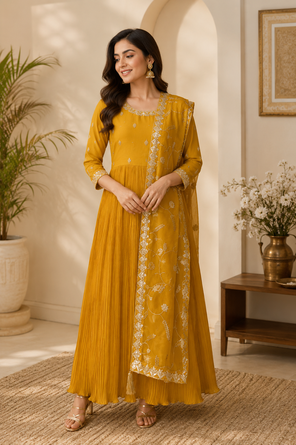Zarina Pleated Embroidered Anarkali Set in Golden Mustard