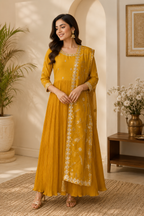 Zarina Pleated Embroidered Anarkali Set in Golden Mustard