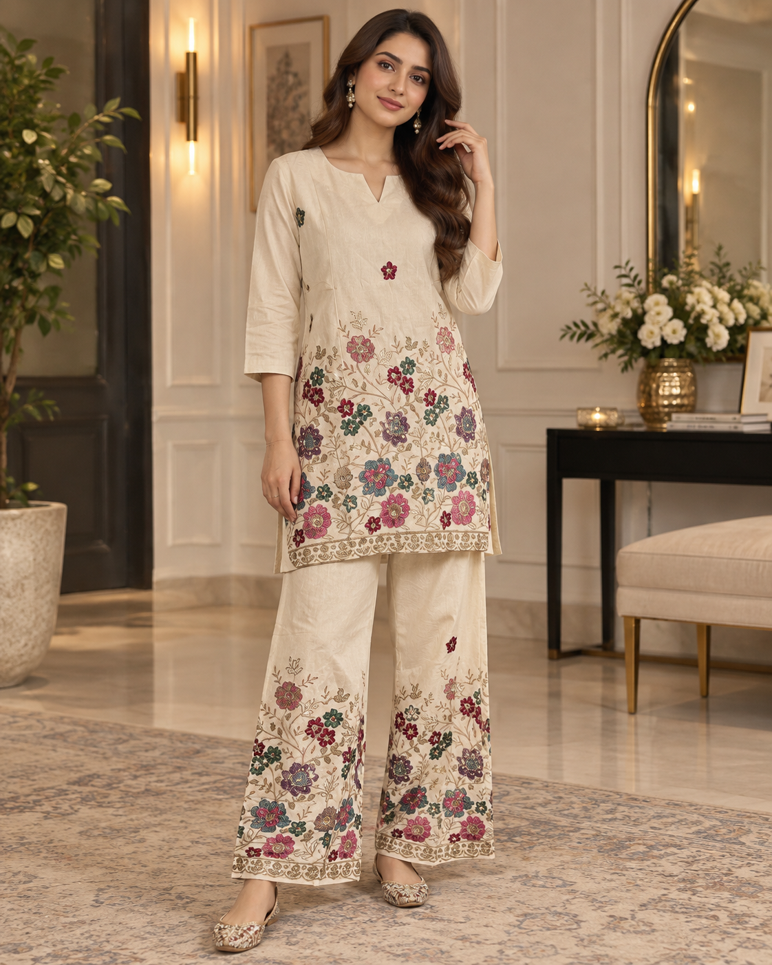 Garden Embroidered Two-Piece Palazzo Set