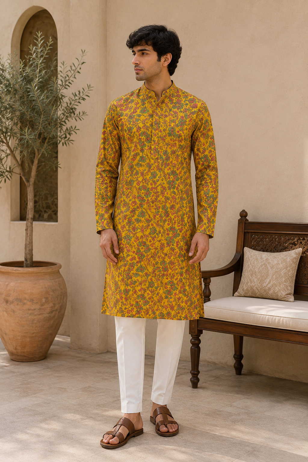 Mustard Heritage Floral Cotton Kurta