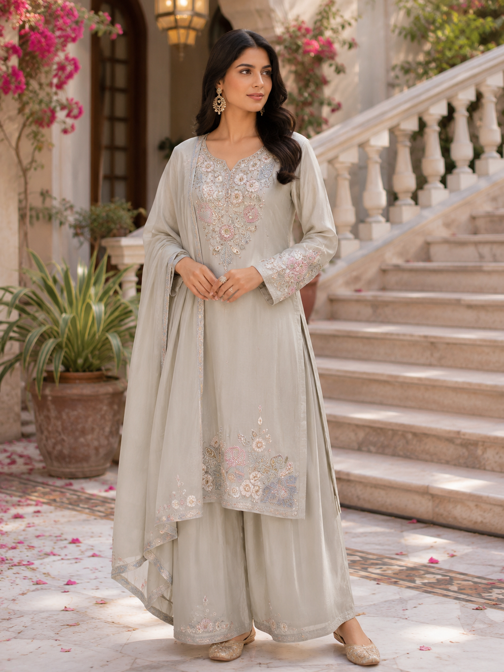 Sage Blossom Embroidered Palazzo Set