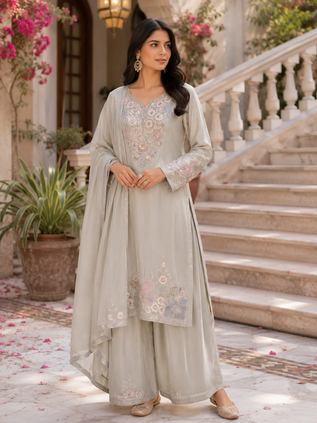 Sage Blossom Embroidered Palazzo Set