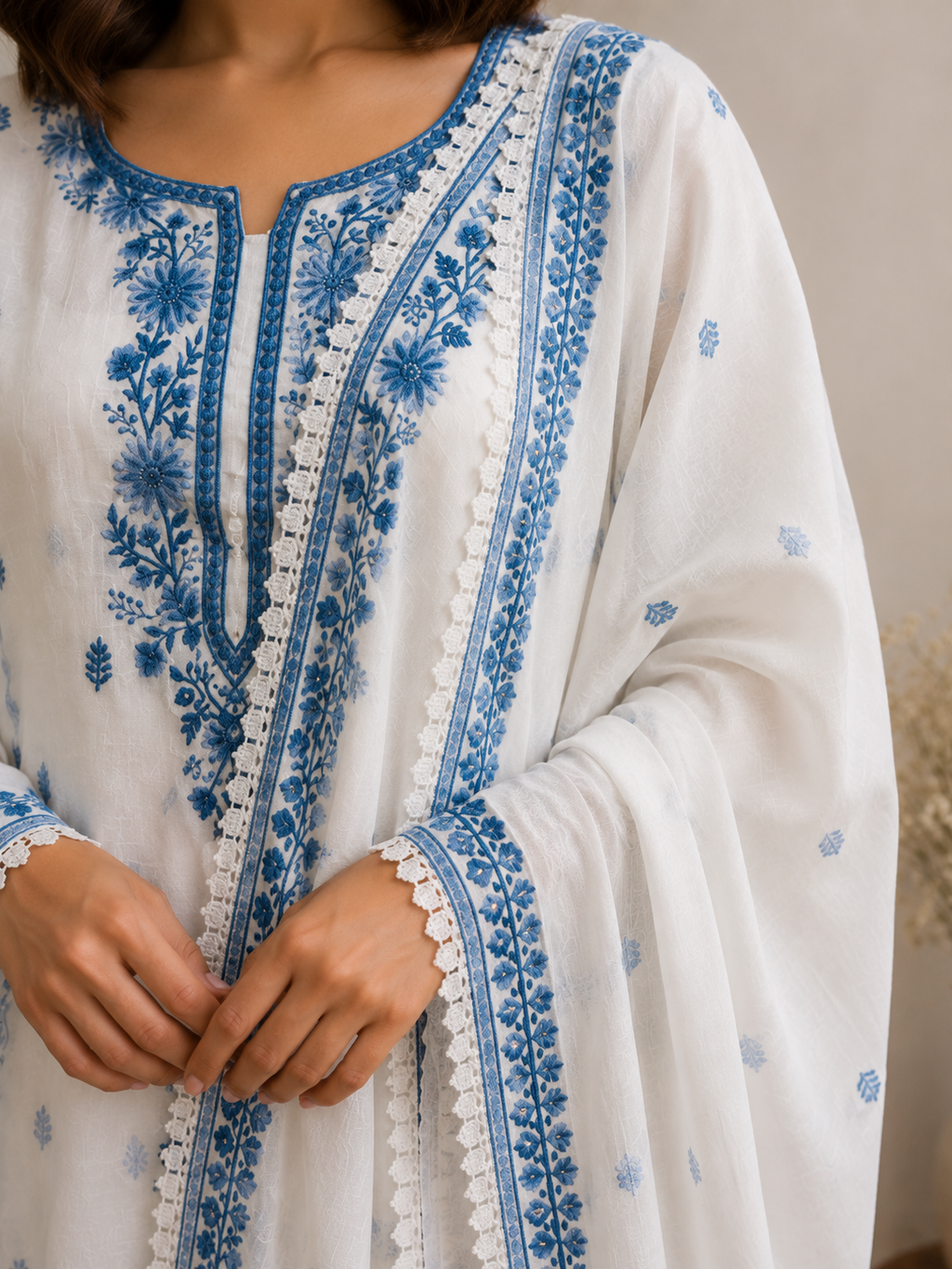 White & Blue Embroidered Cotton Suit Set with Dupatta