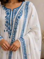 White & Blue Embroidered Cotton Suit Set with Dupatta