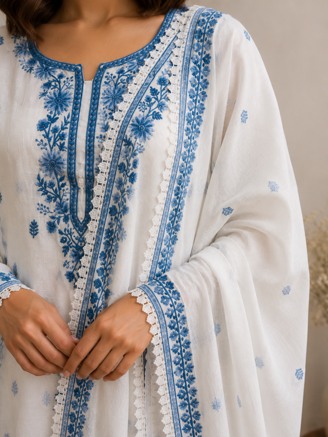 White & Blue Embroidered Cotton Suit Set with Dupatta
