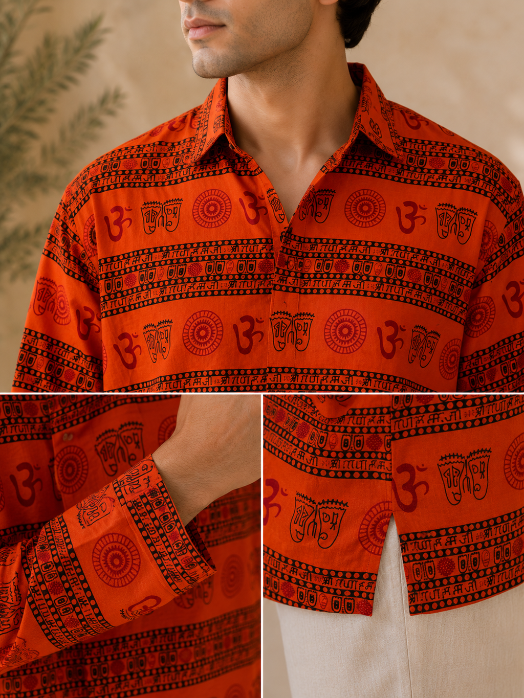Saffron Spiritual Print Cotton Kurta for Men
