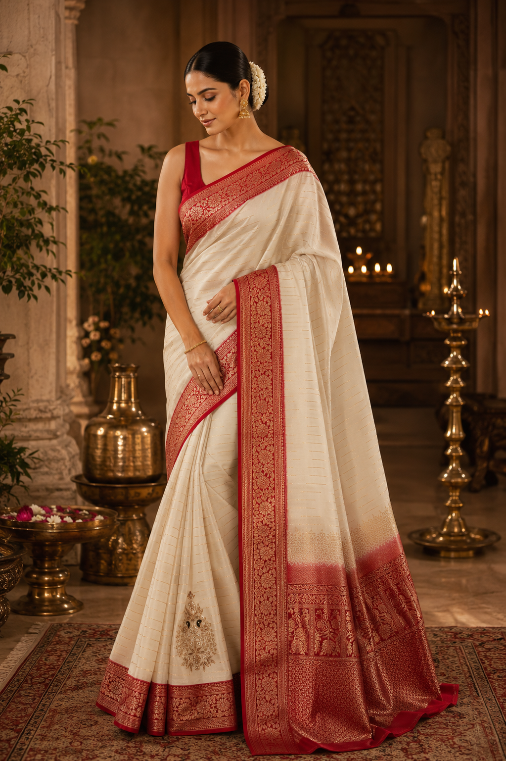 Ivory Heritage Saree with crimson Banarasi Border