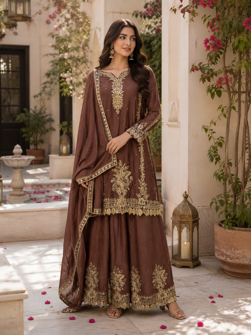 Royal Cocoa Embroidered Sharara Set