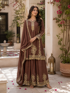 Royal Cocoa Embroidered Sharara Set