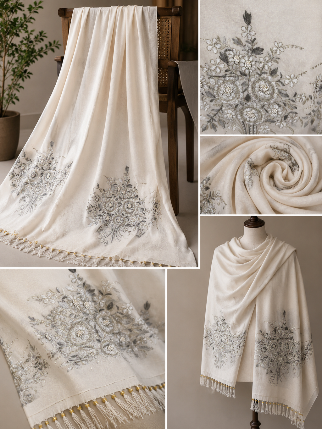 Noor-e-Kashmir Ivory Heritage Shawl