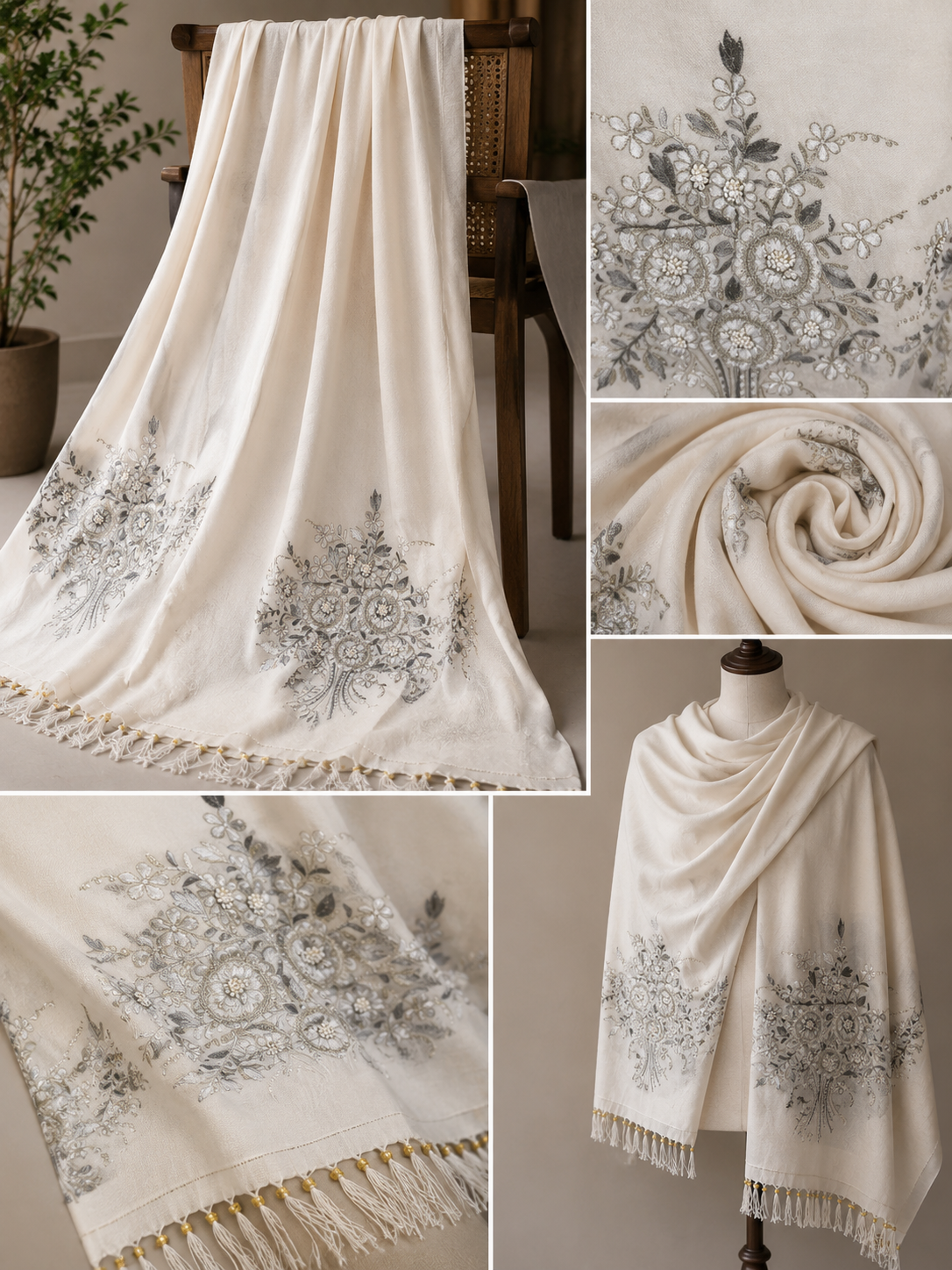 Noor-e-Kashmir Ivory Heritage Shawl