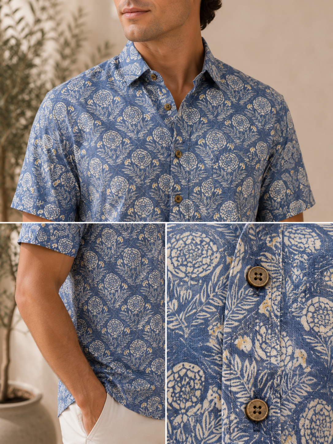 Blue Floral Print Cotton Casual Shirt