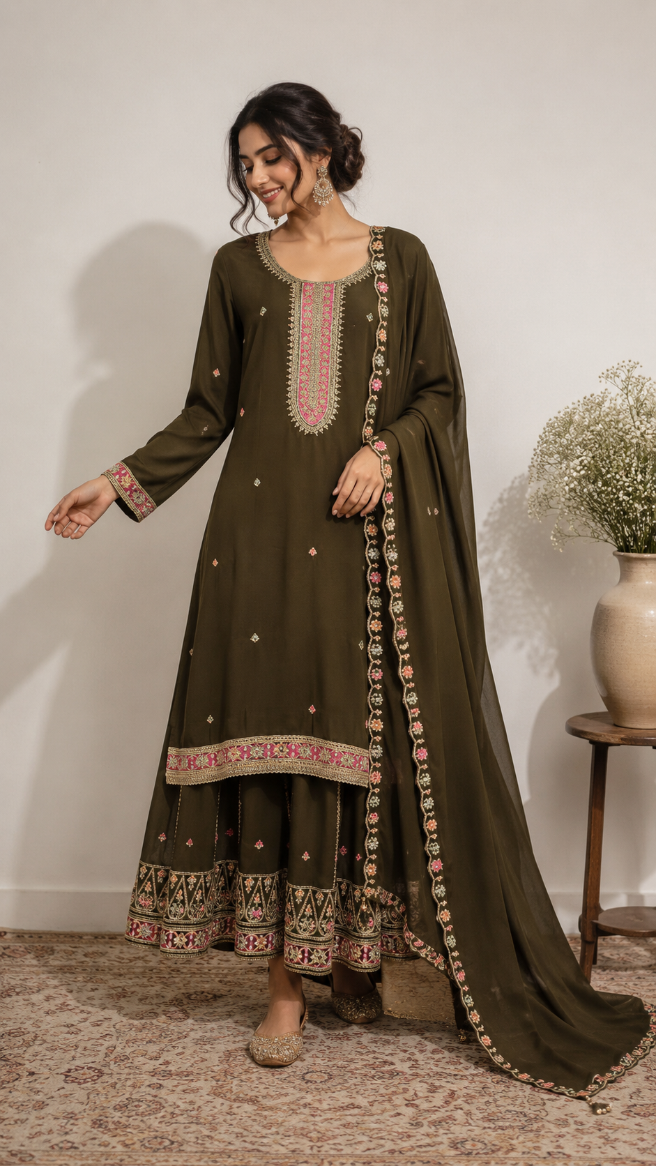 Olive Grace Embroidered Sharara Set