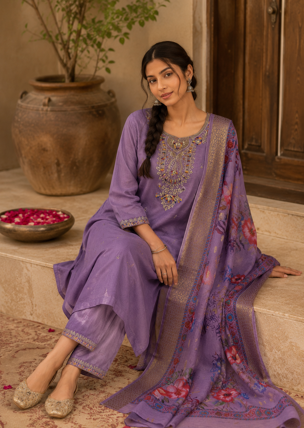 Purple Bloom Embroidered Suit Set