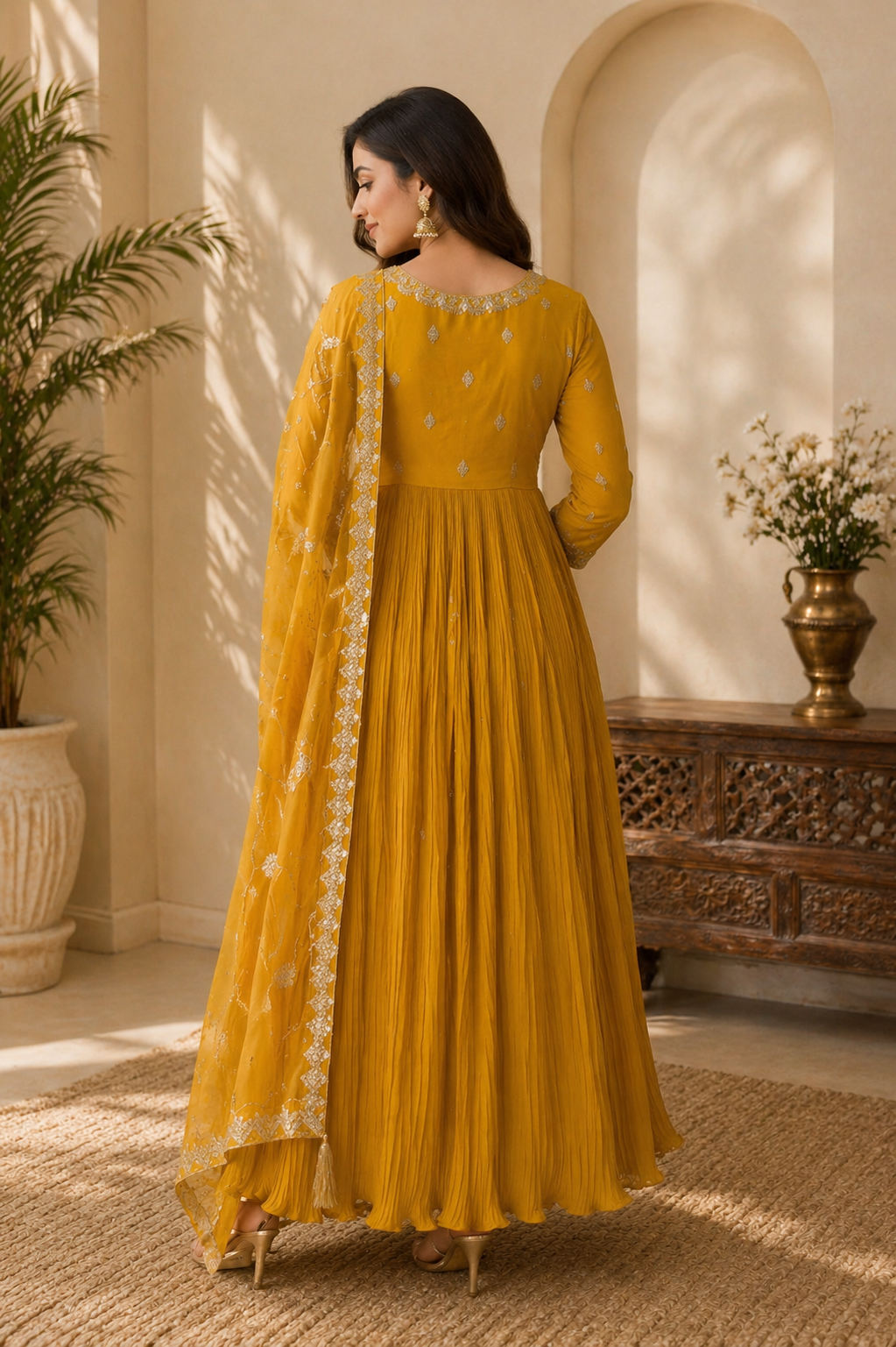 Zarina Pleated Embroidered Anarkali Set in Golden Mustard