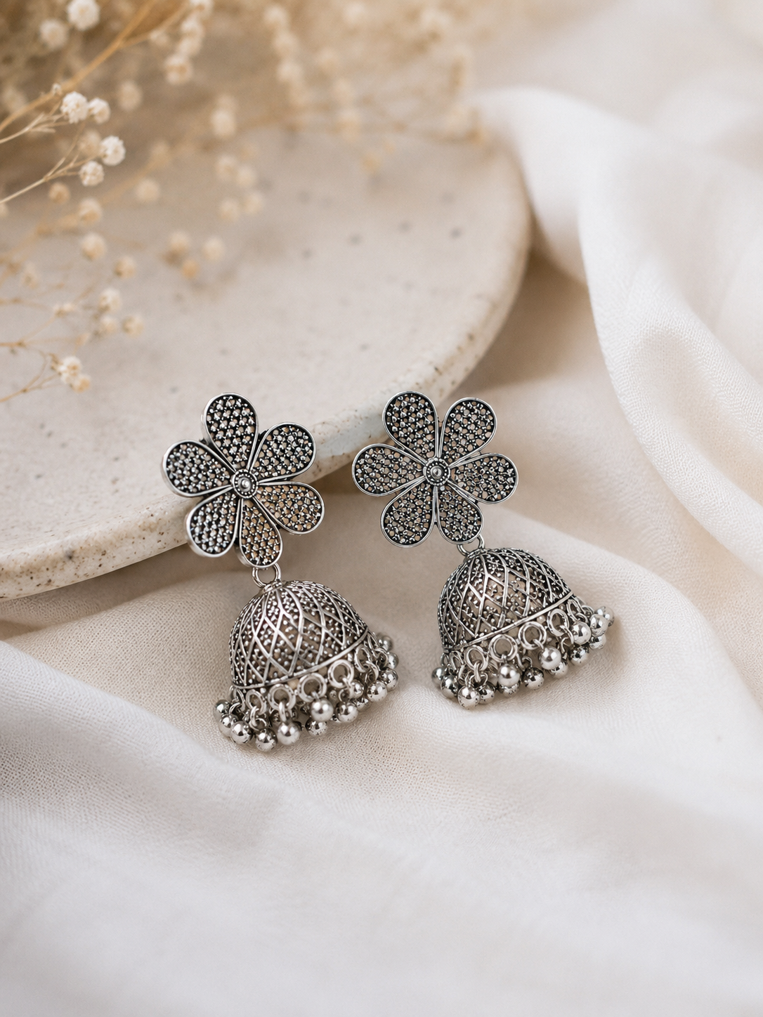 Silver Blossom Jhumka Earrings