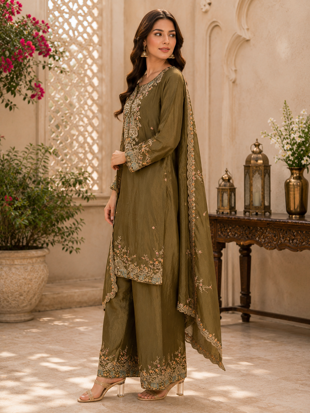 Olive Heirloom Embroidered Palazzo Set