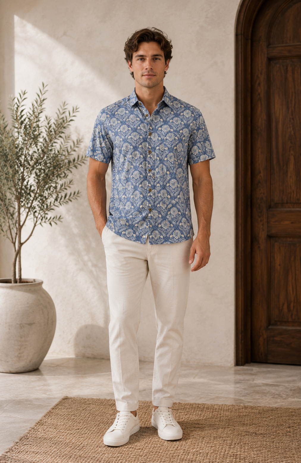 Blue Floral Print Cotton Casual Shirt