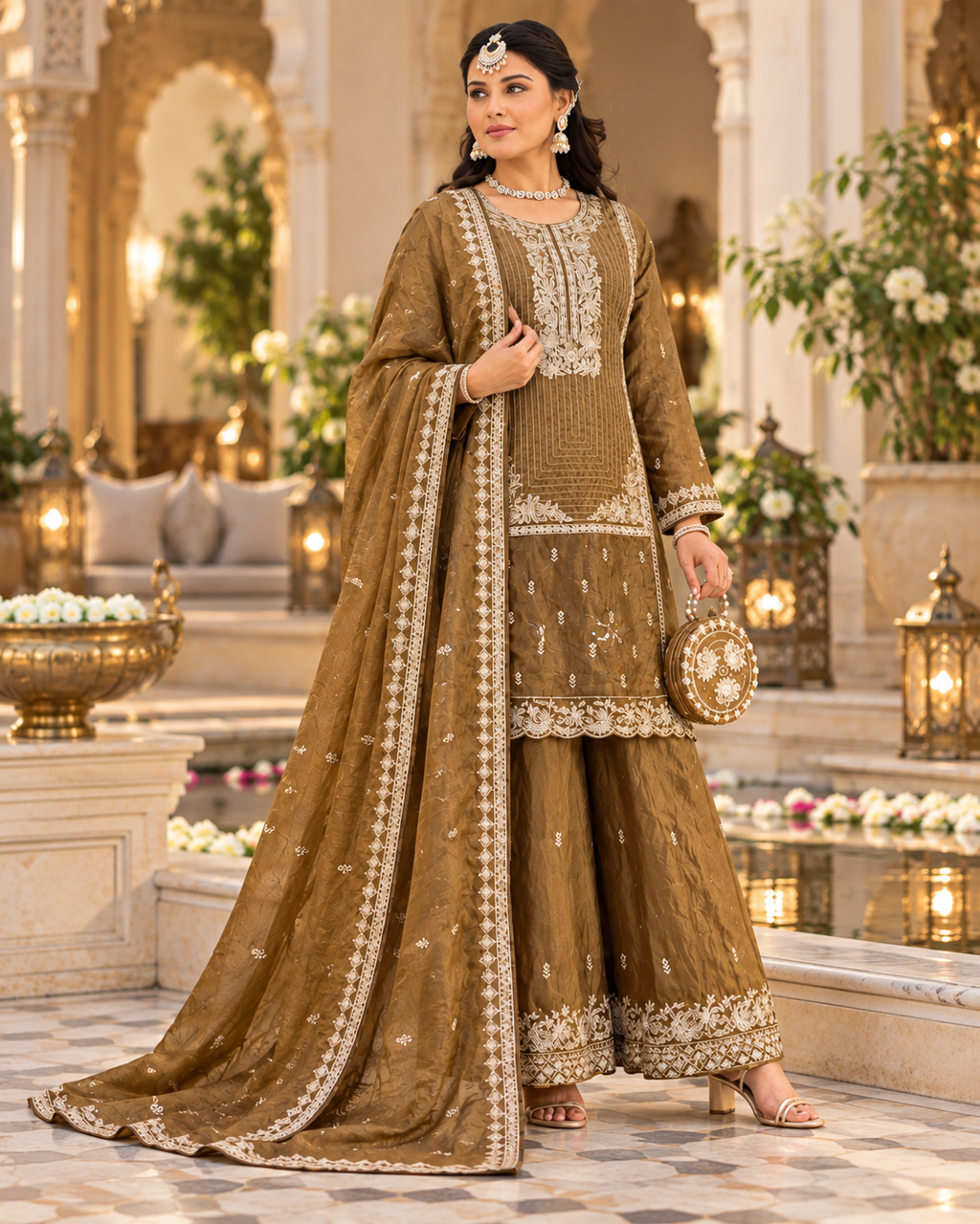 Regal Embroidered Palazzo Suit Set with Matching Purse