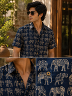 Navy Blue Elephant Print Cotton Casual Shirt