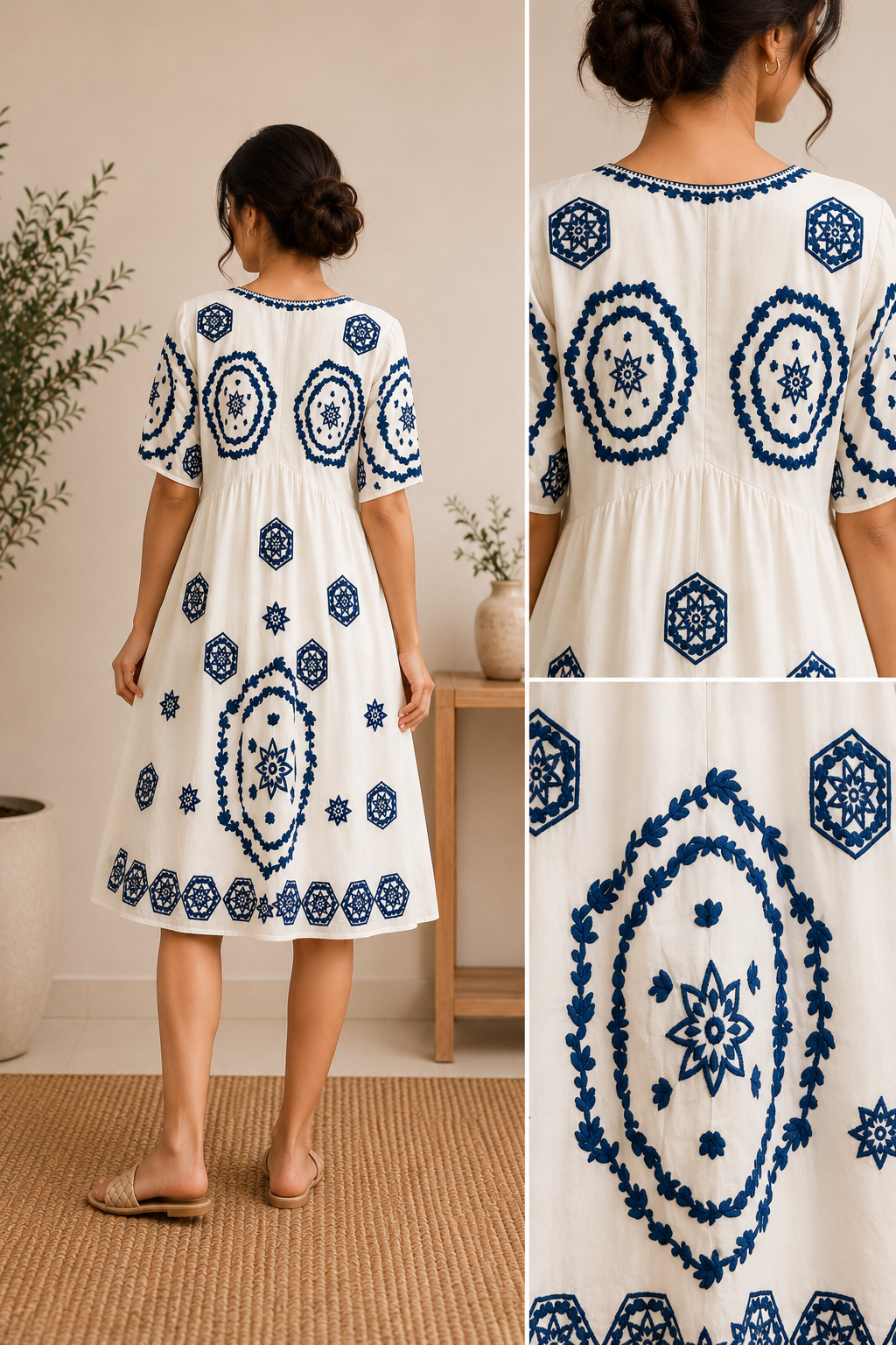 Ivory & Indigo Embroidered Cotton Ethnic Dress