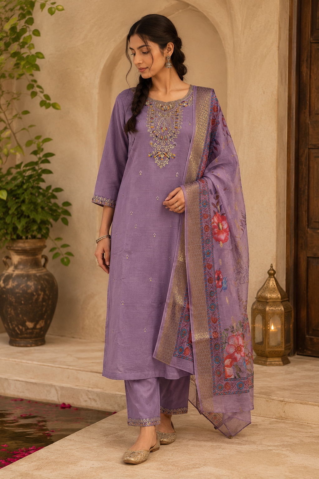 Purple Bloom Embroidered Suit Set