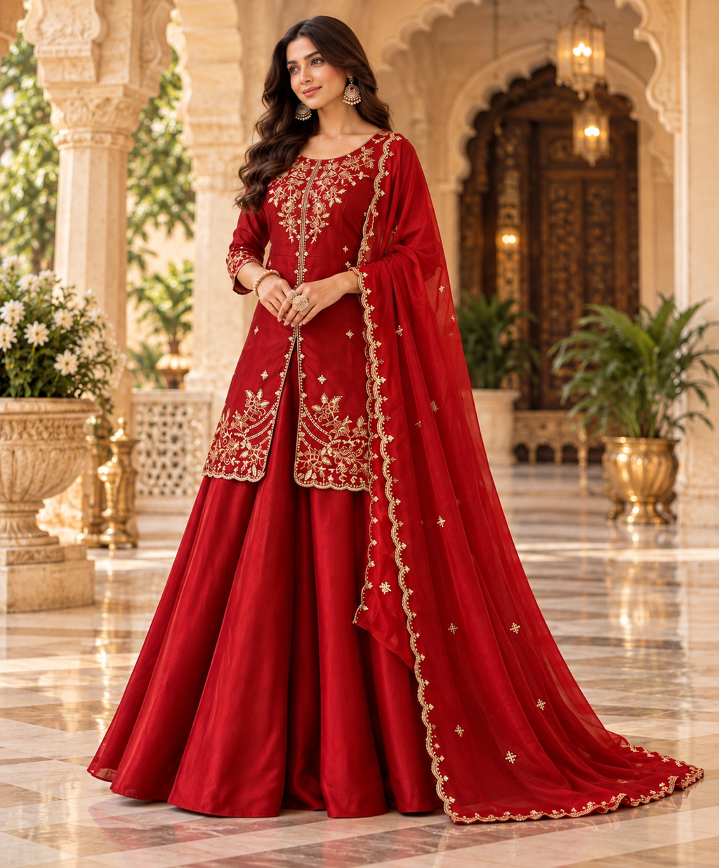 Regal Crimson Embroidered Silk Ensemble