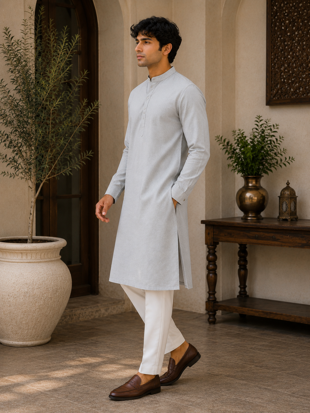Stone Grey Premium Cotton Kurta