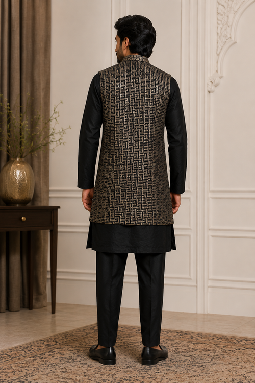 Black & Gold Geometric Kurta Set