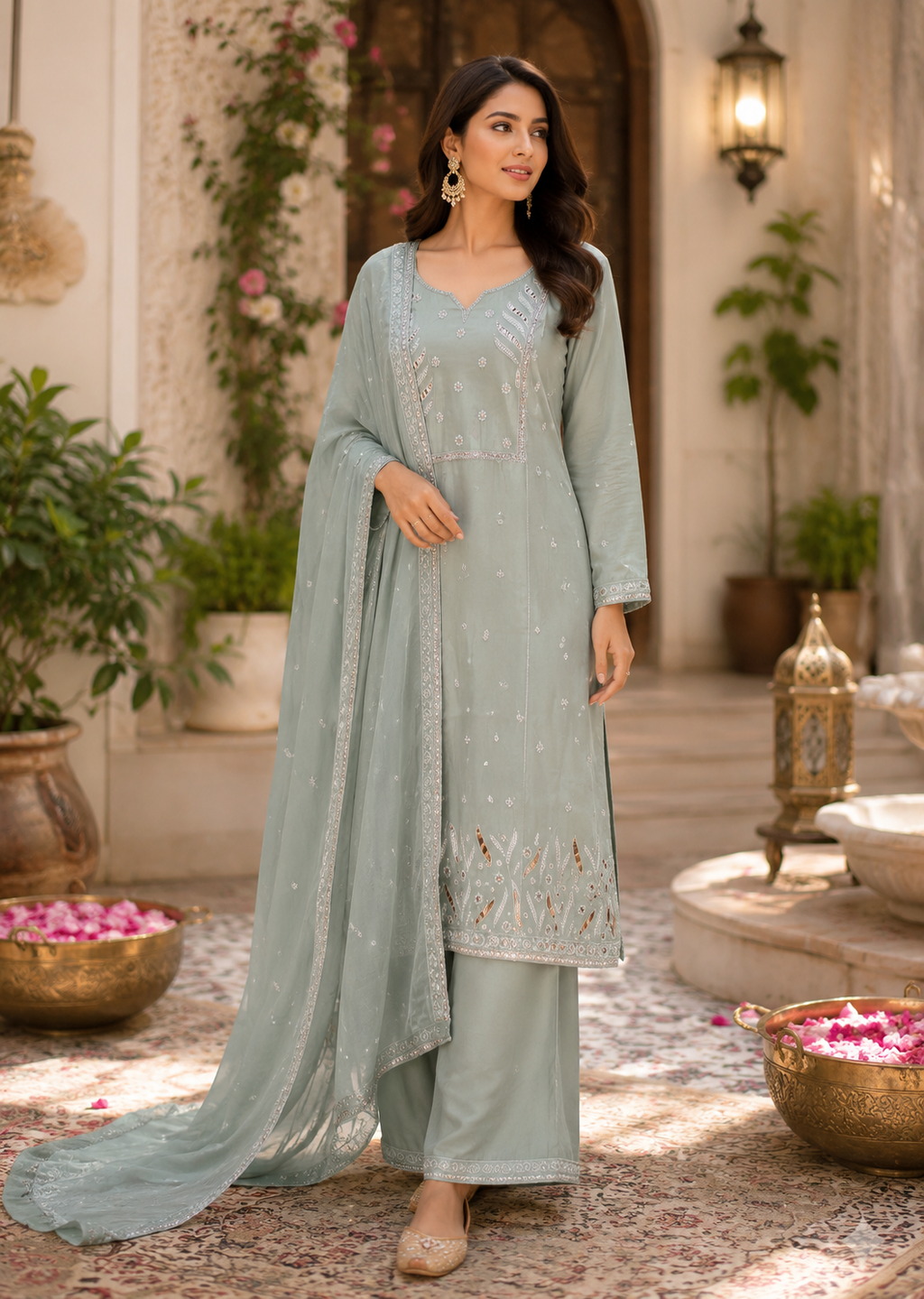 Sage Mist Mirrorwork Palazzo Set
