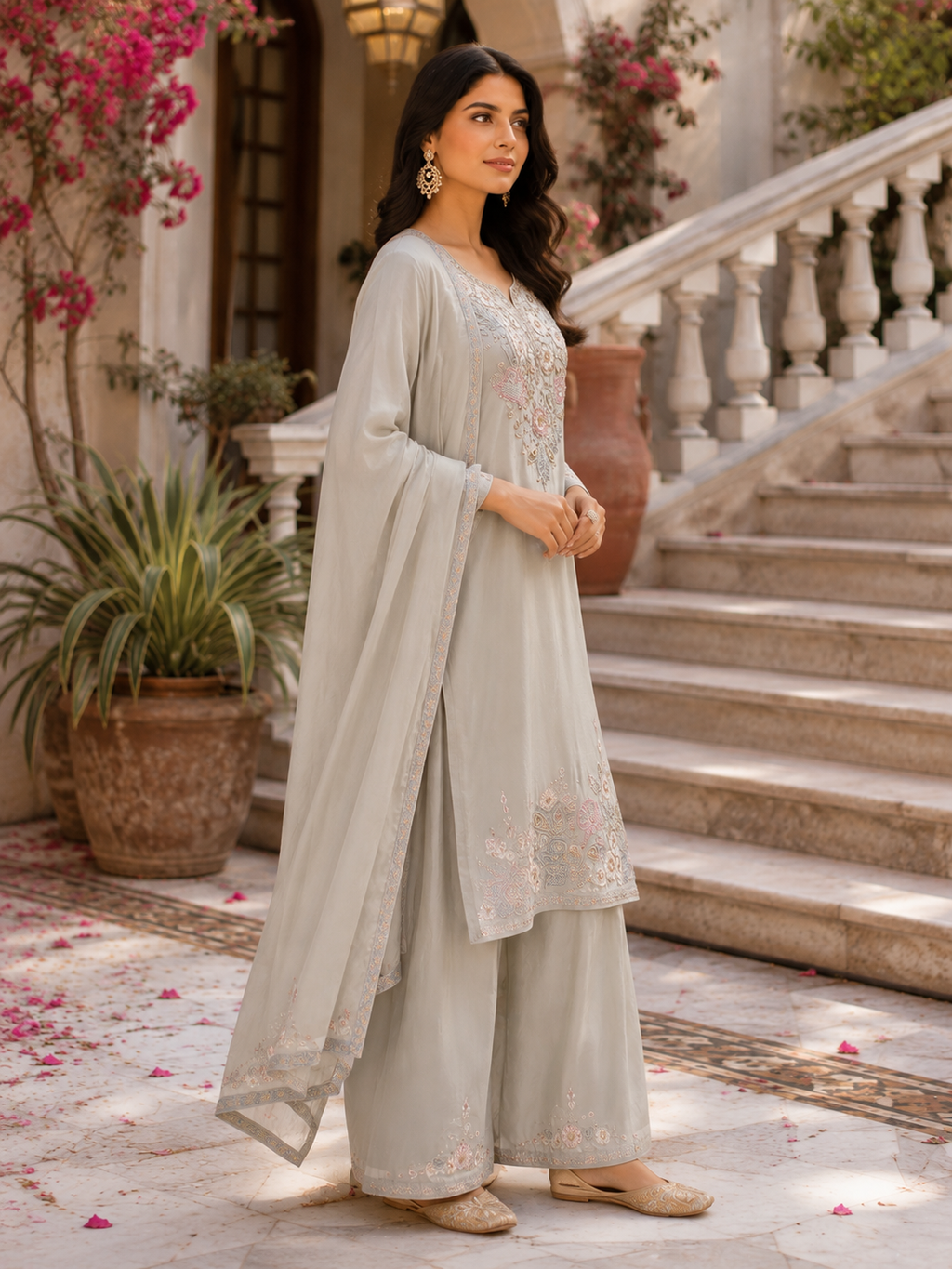 Sage Blossom Embroidered Palazzo Set