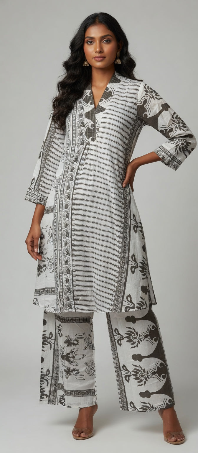 Diya Graphic Block-Print Tunic Set in Monochromatic Charcoal