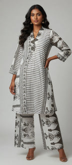 Diya Graphic Block-Print Tunic Set in Monochromatic Charcoal