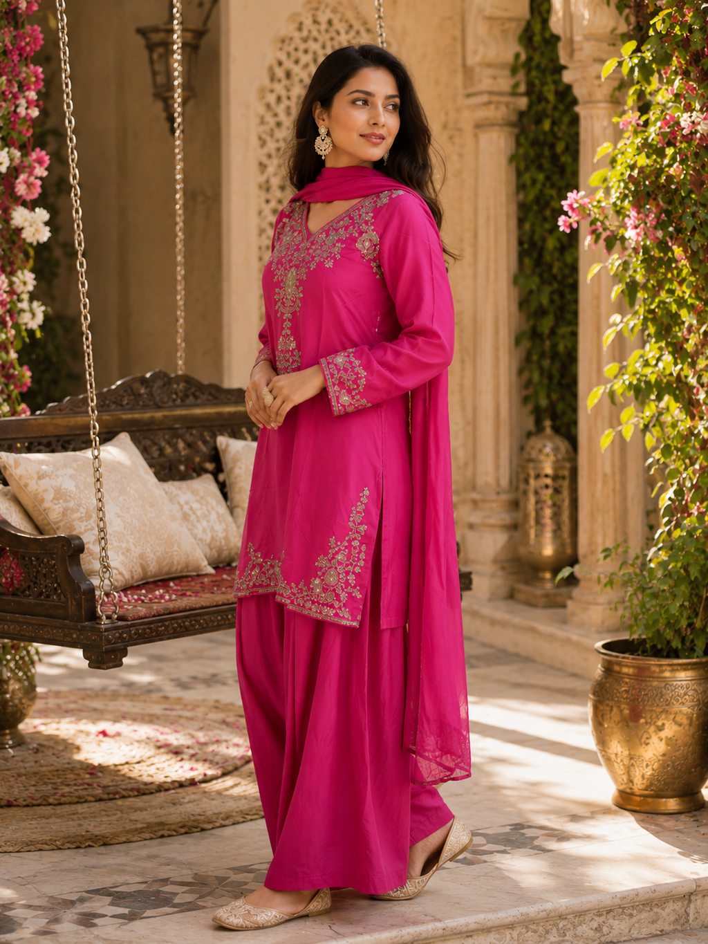 Fuchsia Noor Embroidered Palazzo Set