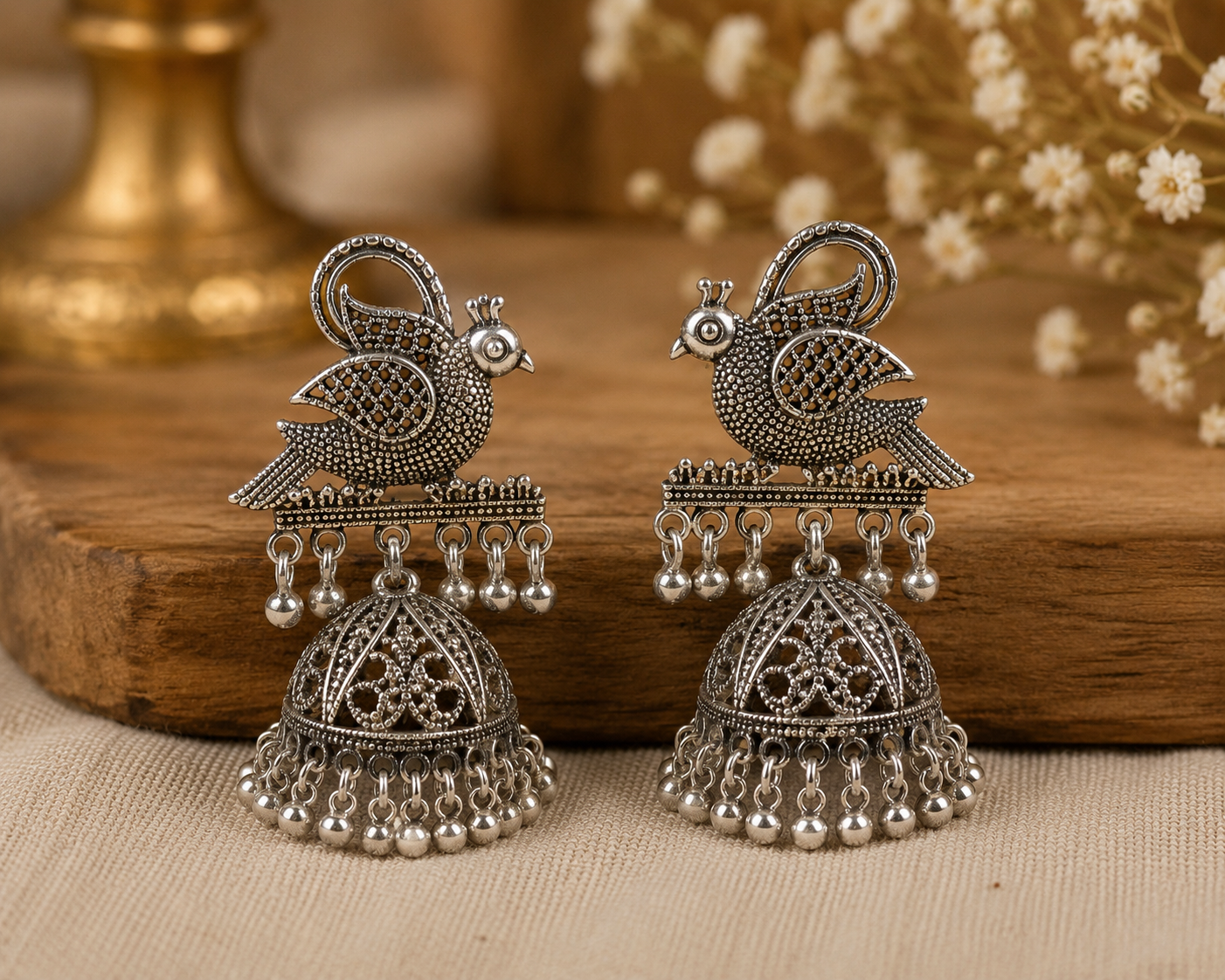 Silver Bird Jhumka Earrings