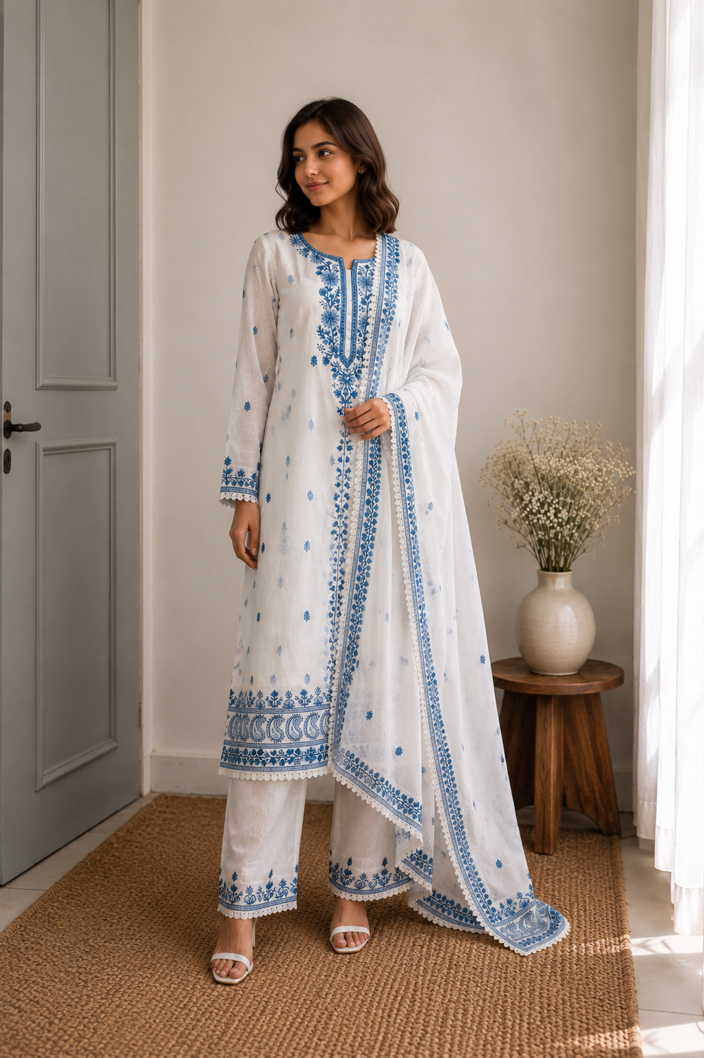 White & Blue Embroidered Cotton Suit Set with Dupatta