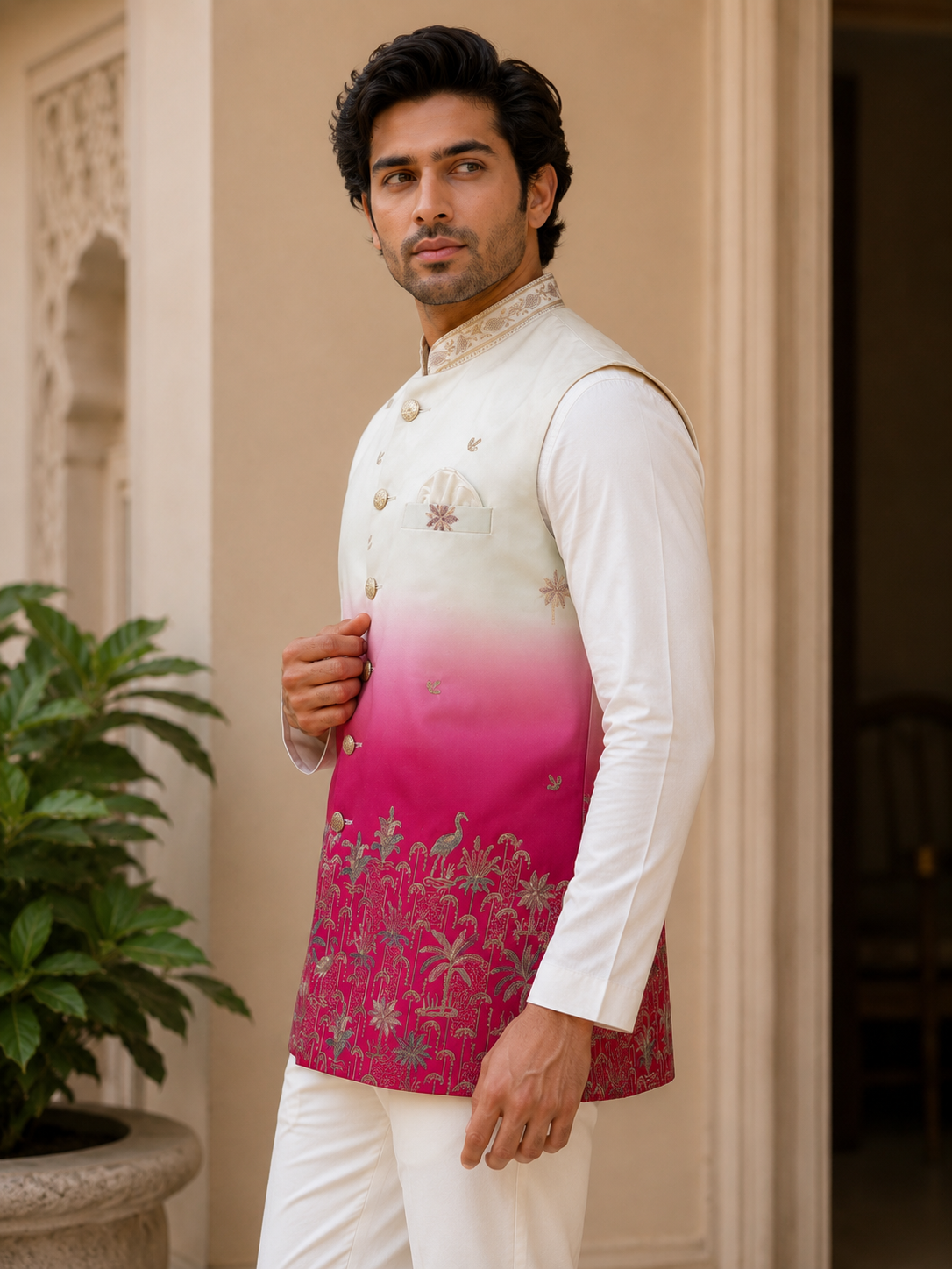 Sunset Garden Embroidered Nehru Jacket