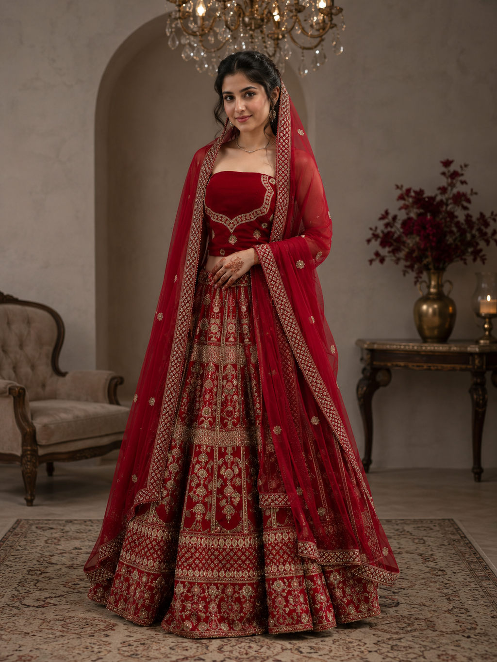 Royal Red Embroidered Bridal Lehenga Set with Two Dupattas