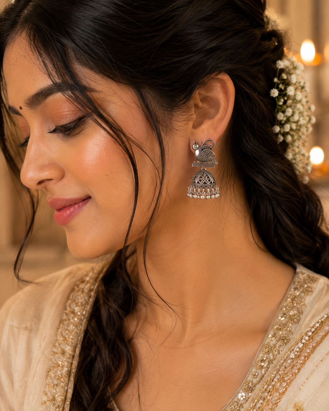 Silver Bird Jhumka Earrings