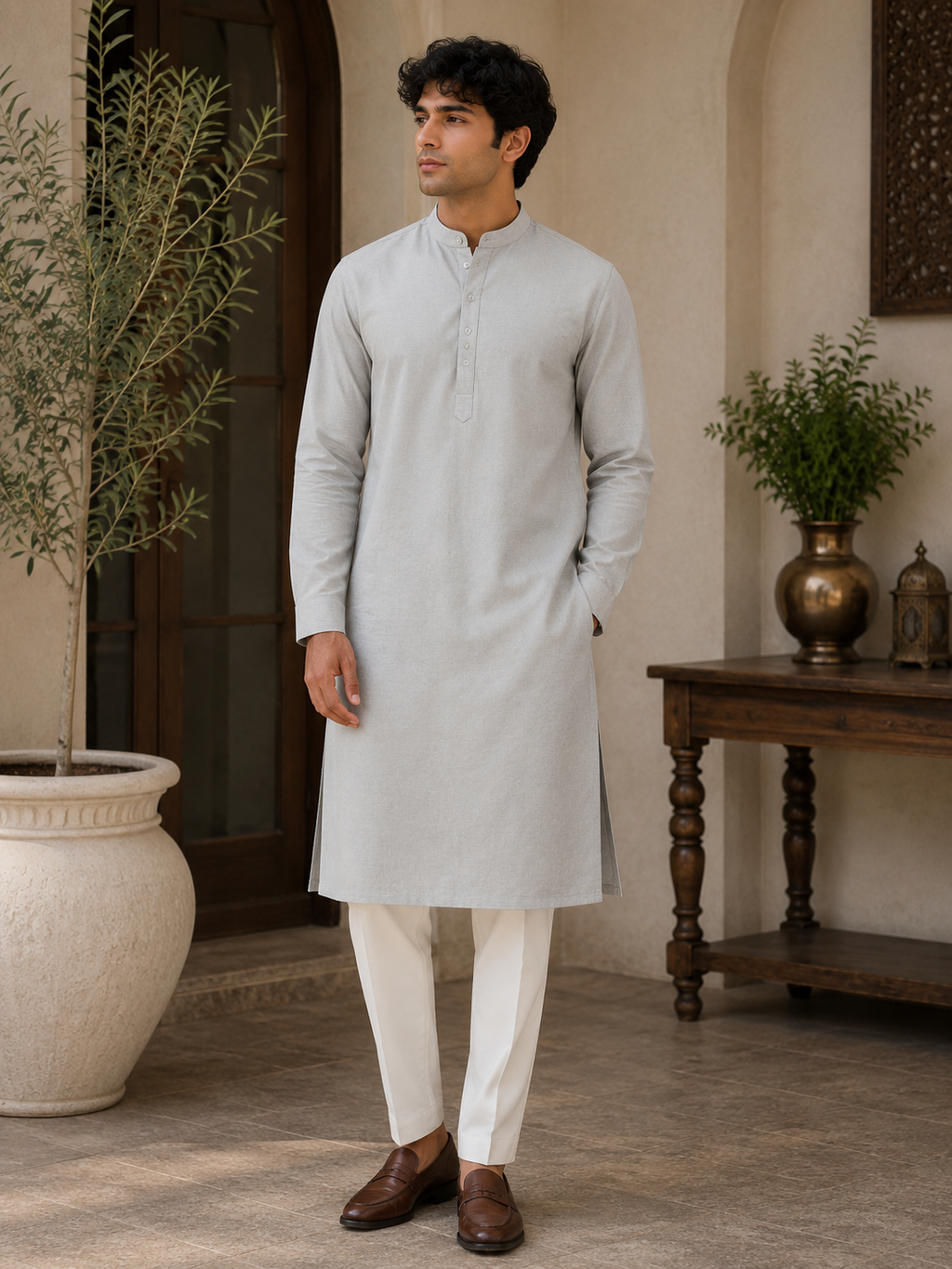 Stone Grey Premium Cotton Kurta
