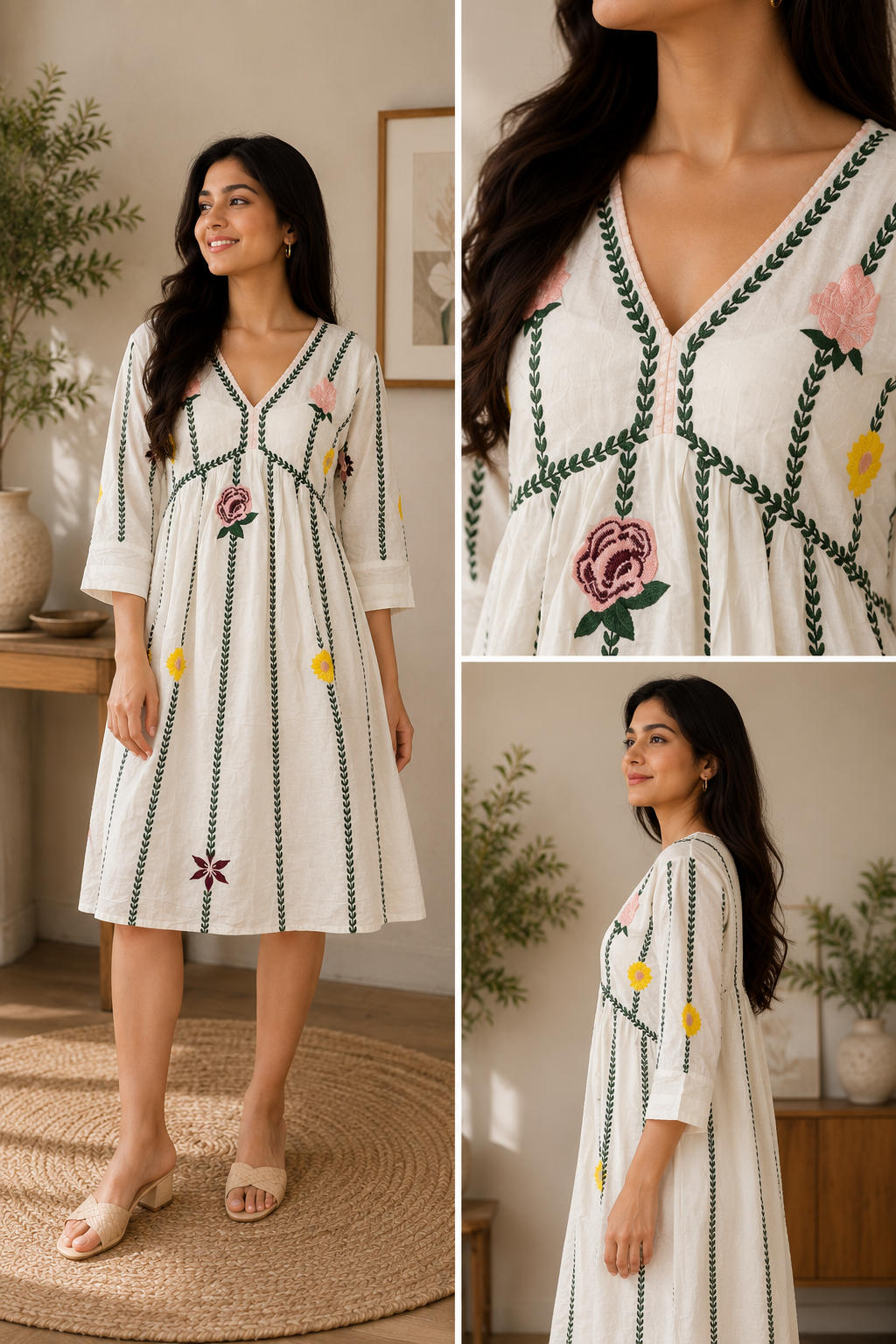 Ivory Floral Embroidered Cotton Dress