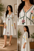 Ivory Floral Embroidered Cotton Dress
