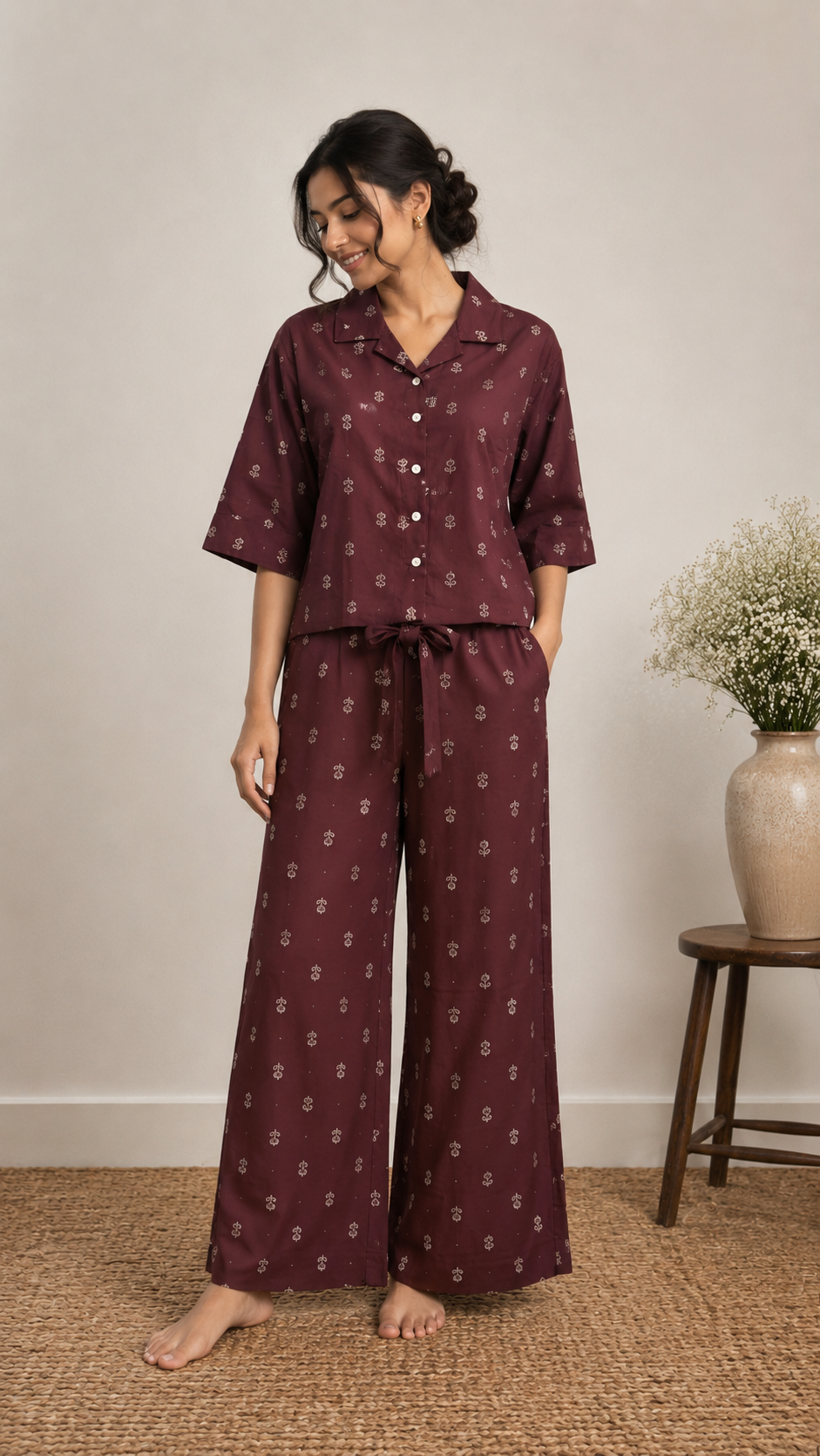 Burgundy Printed Kurti and Palazzo Suit Set