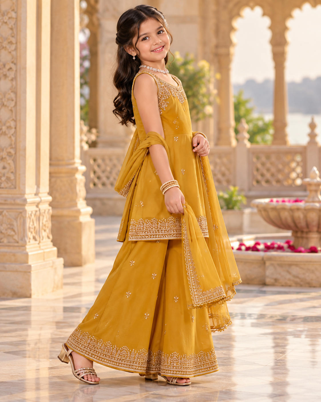 Golden Mustard Girls’ Embroidered Palazzo Set
