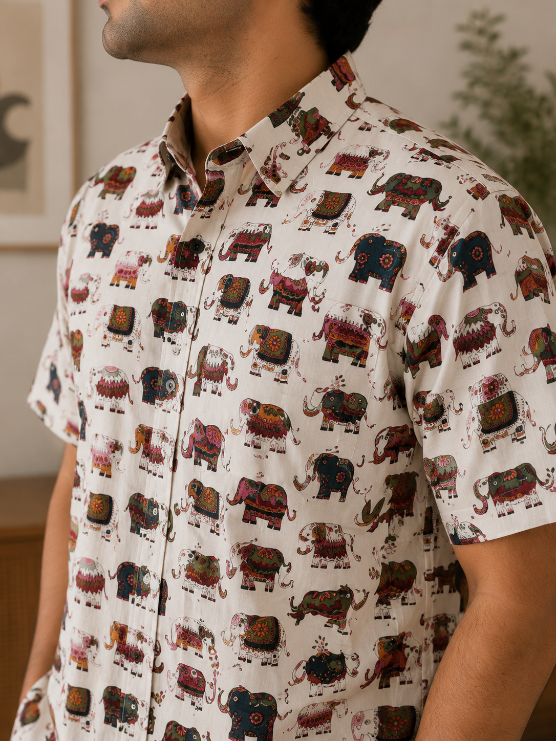 Men’s Off-White Elephant Print Cotton Shirt