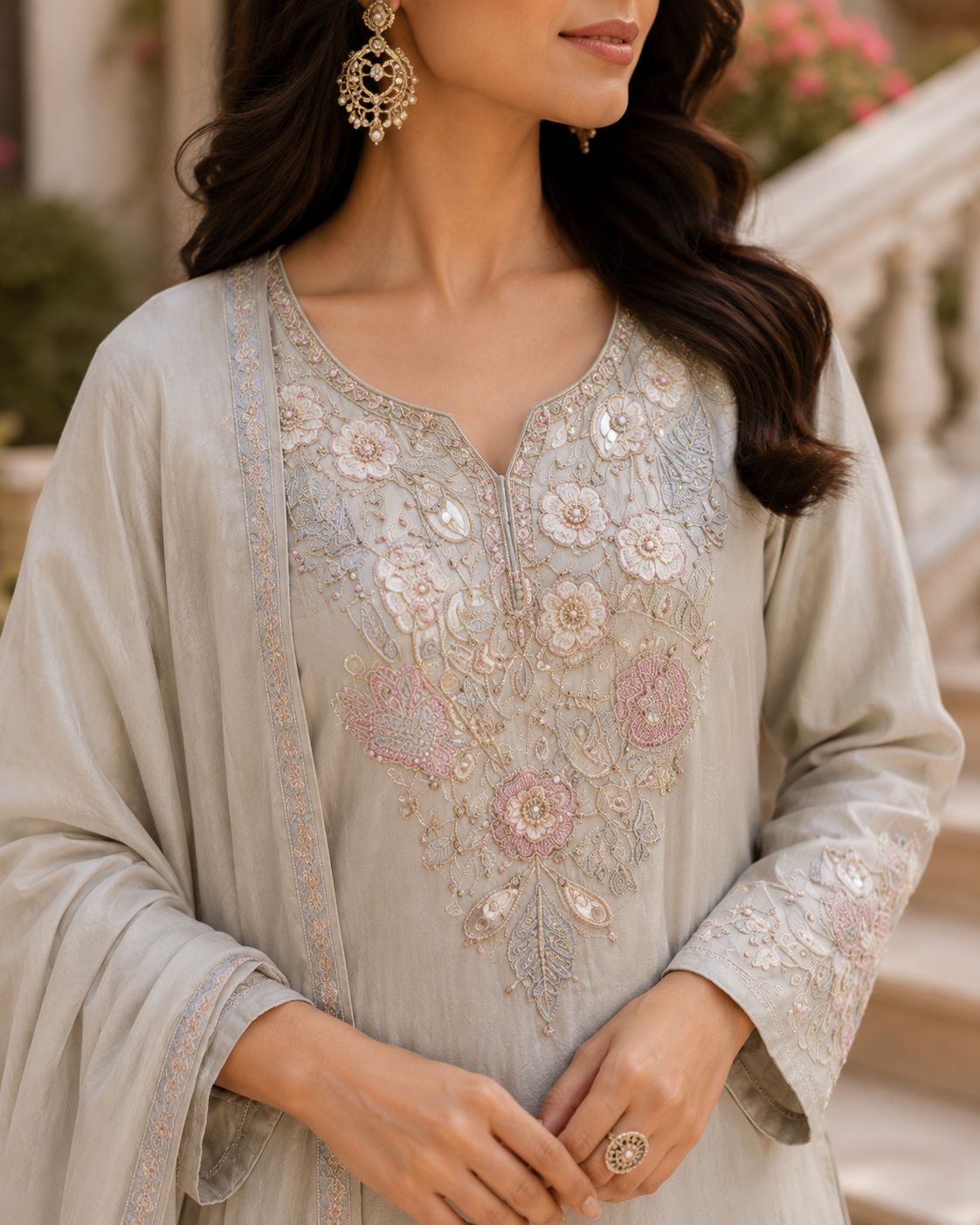 Sage Blossom Embroidered Palazzo Set